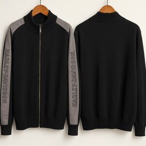 Harley Davidson Mens Full Zip Sweater Jacket Sz 3XL Black Gray Shoulder Stripes